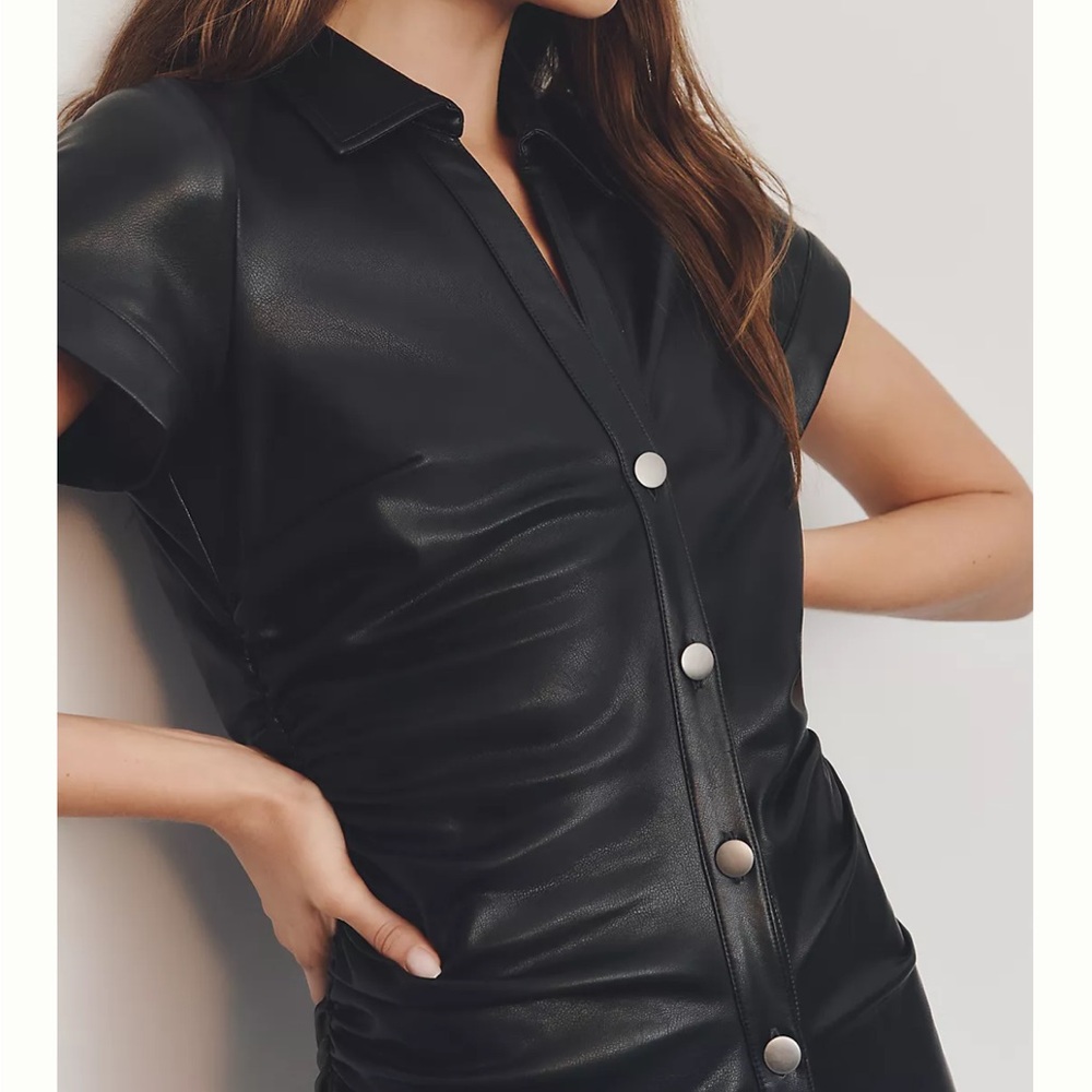 Pilcro Black Faux Leather Button-Front Short Sleeve Shirt -Anthropologie